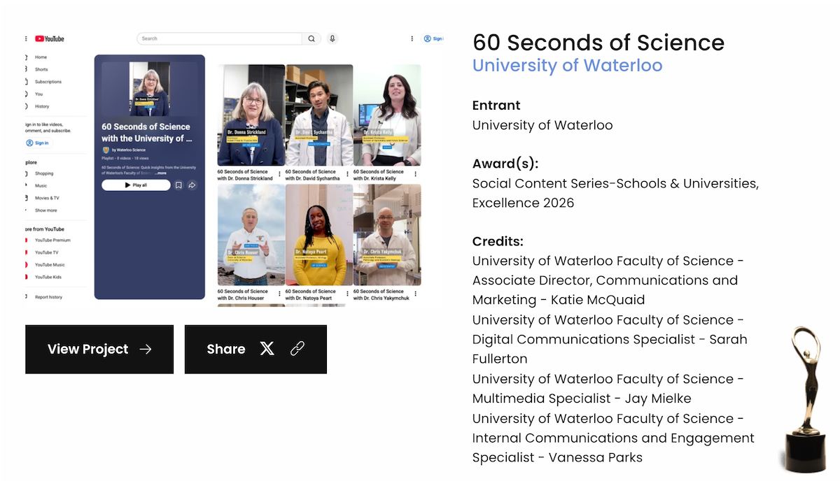 60 Seconds of Science award graphic showing screenshots of YouTube videos.