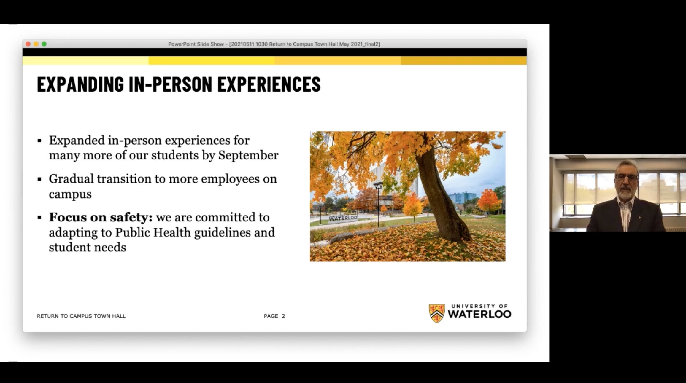 President Hamdullahpur speaks with slides at the virtual town hall.