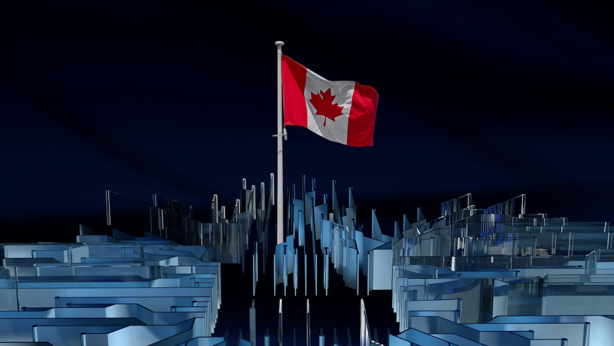 A flagpole with the Canadian flag rises above a high-tech urban cityscape.