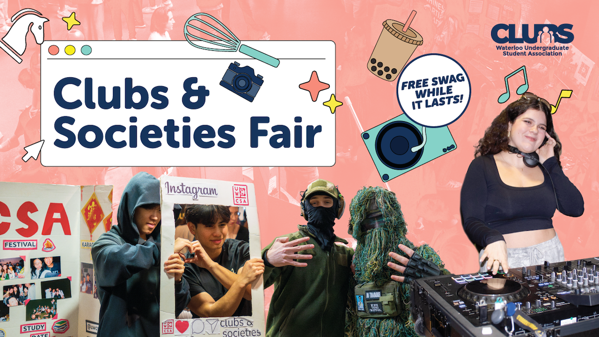 Clubs & Societies Fair graphic featuring various students engaged in activities.