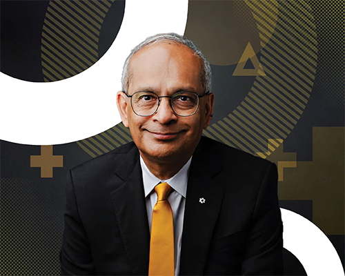President Vivek Goel surrounded by Global Futures graphics.