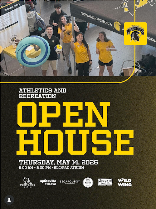 Athletics and Recreation Open House banner featuring athletics volunteers at booths.
