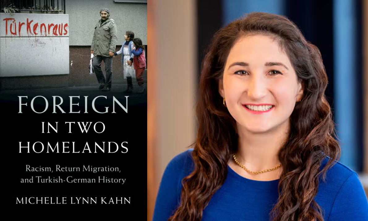 The front cover of "Foreign in Two Homelands" and the author, Michelle Lynn Kahn.