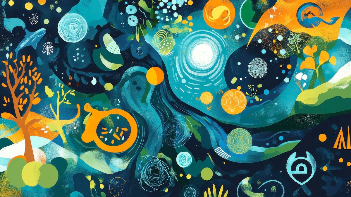 An illustration of environmental objects including dolphins, trees, and plants.