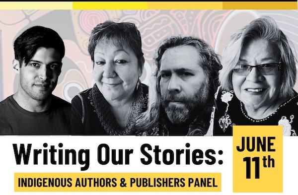"Writing Our Stories" June 11 image featuring four Indigenous authors.
