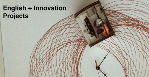 A robotic spirograph makes a pattern with the words English + Innovation Projects next to ti.