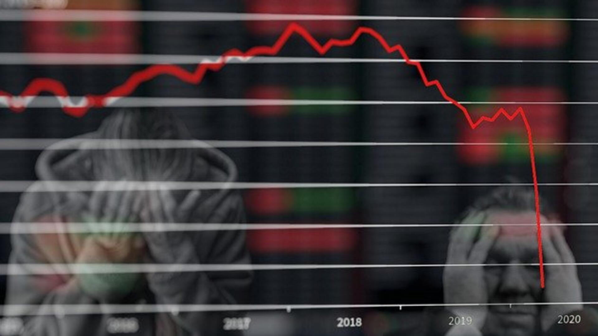 An economic graph showing a deep dive into recession territory while onlookers cover their faces with their hands.