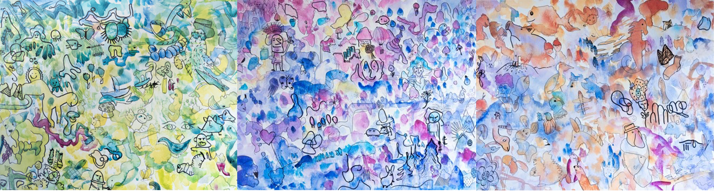 A collage of three canvases featuring watercolour paints and hand-drawn doodles.