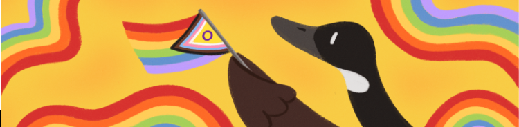 Cartoon goose holding pride flag amidst wavy rainbow lined banner.