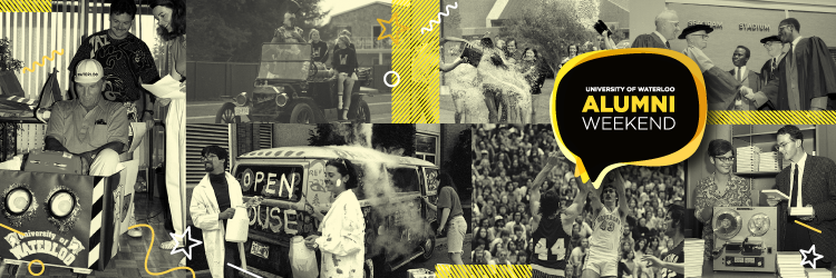 Alumni Weekend banner showing a collage of historical activities.