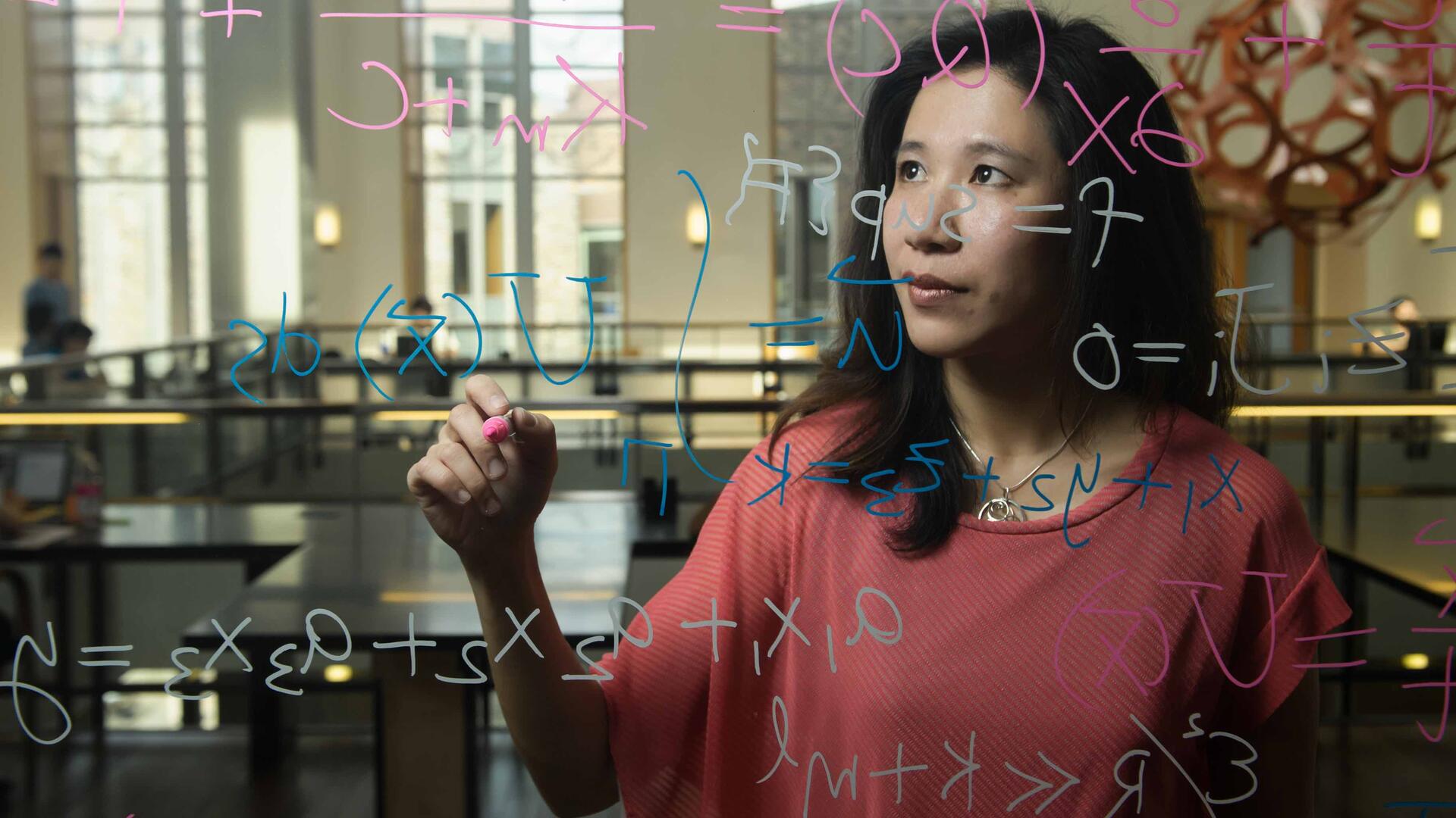 Anita Layton writes mathematical forumale on a pane of glass.