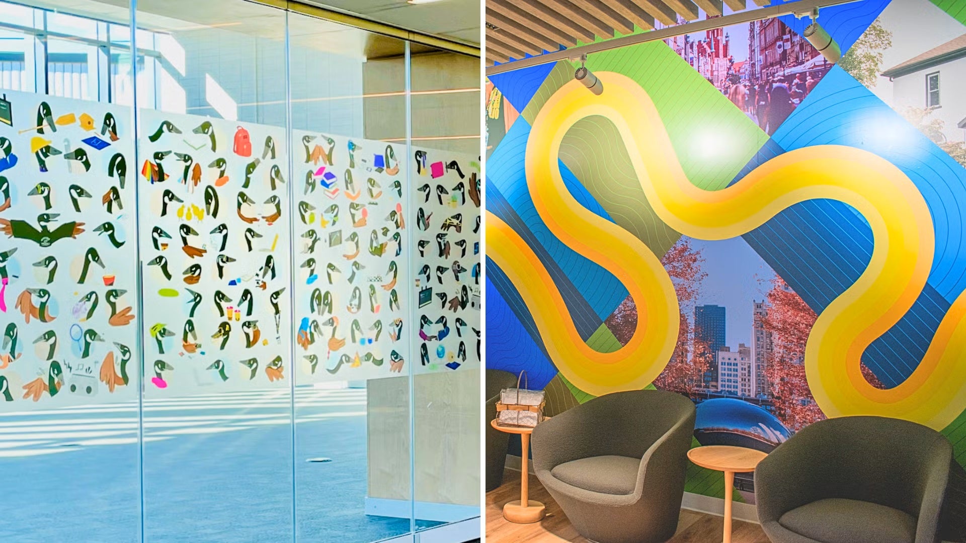 ollage of Rachel Jung's art work featuring The Great Gaggle art installation (left) and wall mural in the International Experience Centre (right)