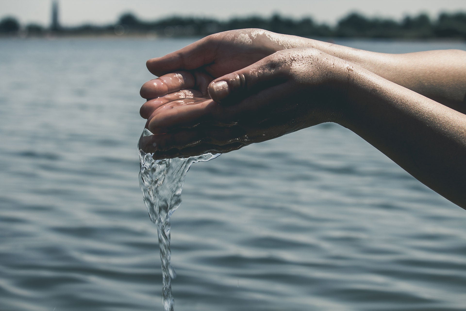 A person cups water in their hands.