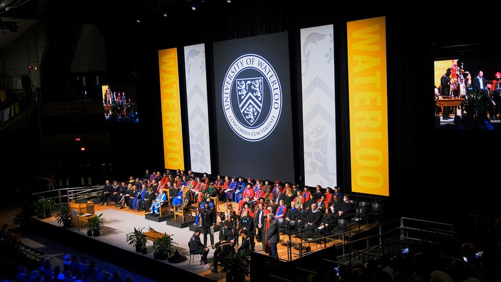 A wide angle of the stage at Convocation.