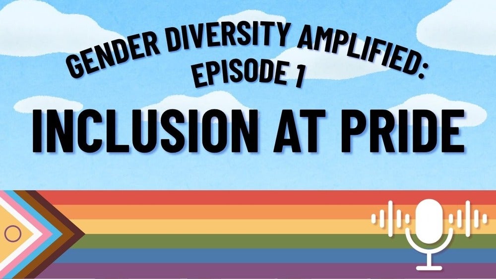 A rainbow against a blue sky with the words, "Gender Diversity Amplified: Episode 1 Inclusion at Pride."