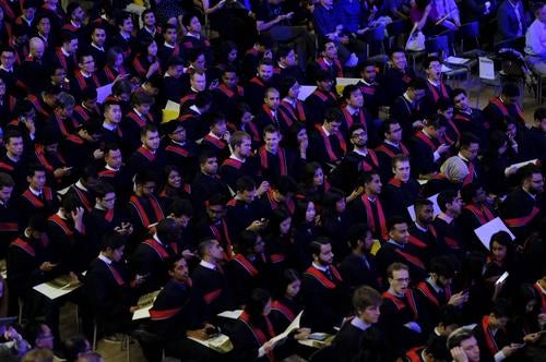 An overhead shot of many Engineering graduates in their seats at Convocation.