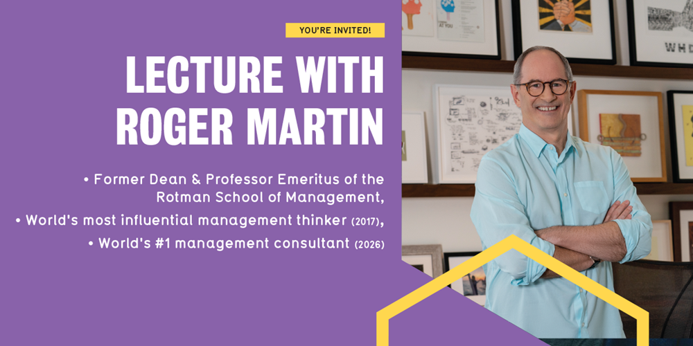 Lecture with Roger Martin event banner, purple backdrop and picture of Roger on the right.