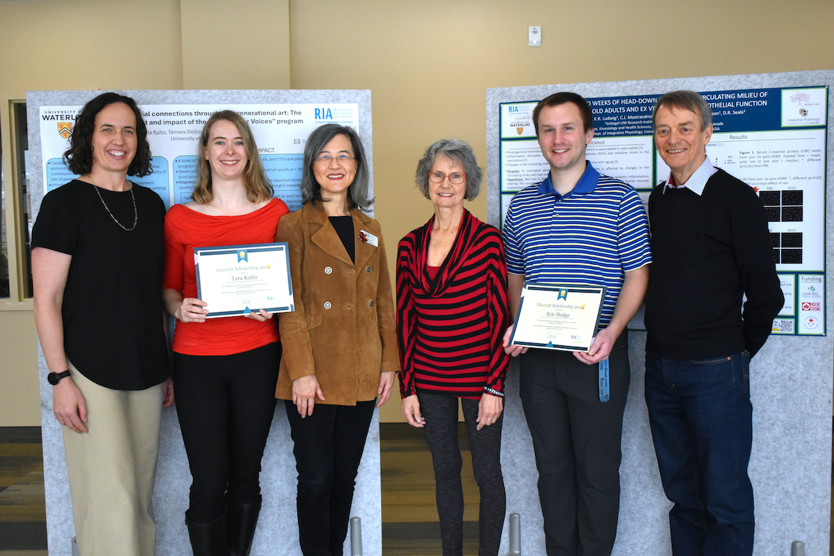2024 Sharratt Scholarship recipients Tara Kuhn and Eric Hedge with advisors Laura Middleton, Richard Hughson, Tina Mah, and donor Jacquie Sharratt.