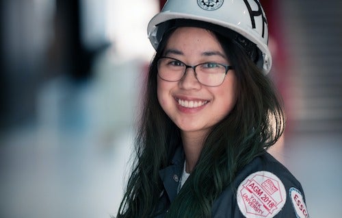 Mariko Shimoda in her Engineering hard hat.