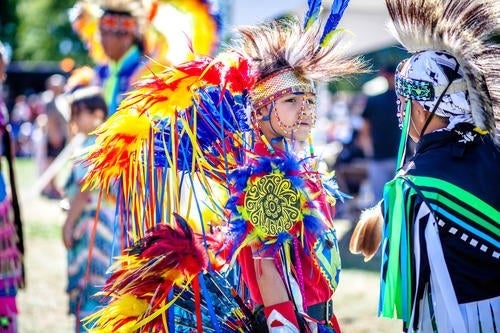 The two young boys are in traditional regalia attending the annual St. Paul’s pow wow.