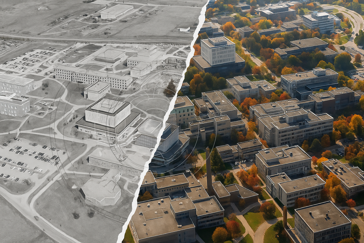 A blend of two aerial images of the University campus - one in black and white and the other in colour.