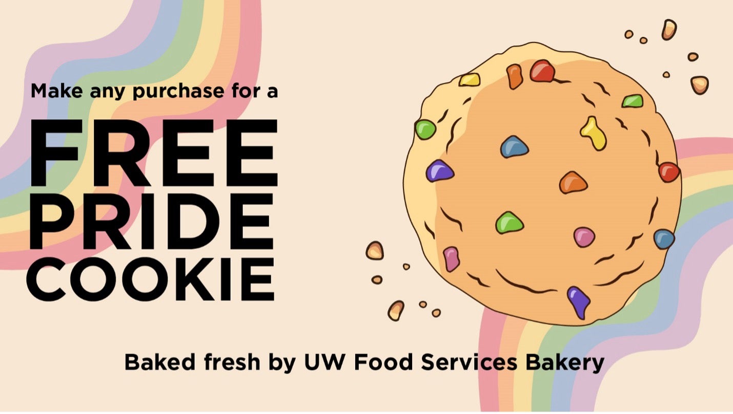 Free Pride Cookie banner featuring a rainbow chip cookie.