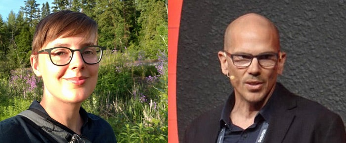 A collage of images of two speakers at the solar power studio event.