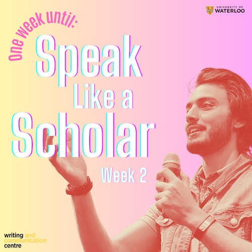 Speak Like a Scholar graphic showing a man holding a microphone.