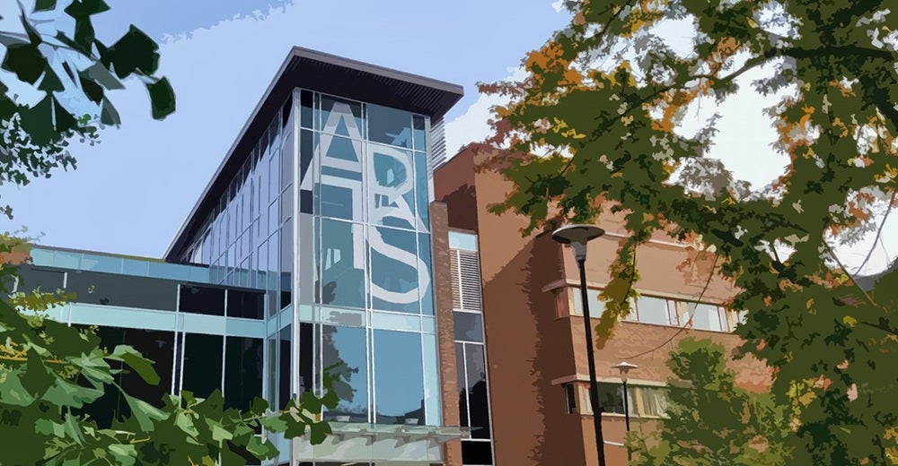 A view of Hagey Hall featuring the "ARTS" letters across glass.