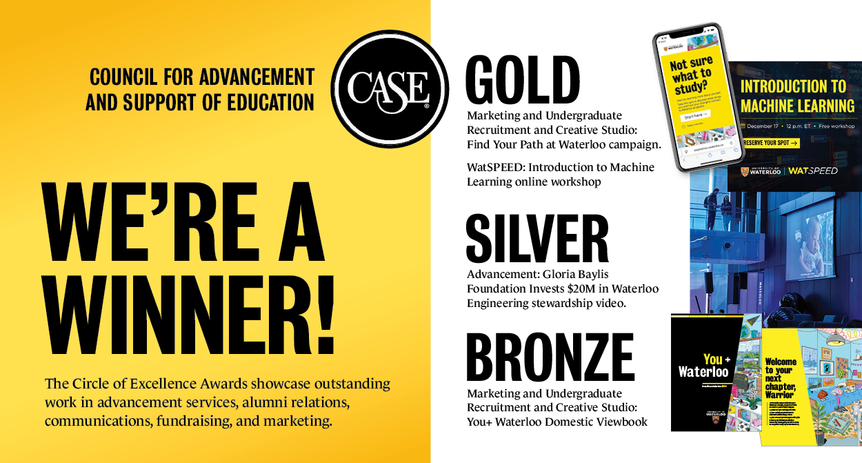 A banner with "We're a winner!" in big black text, and details about Waterloo's CASE award wins.