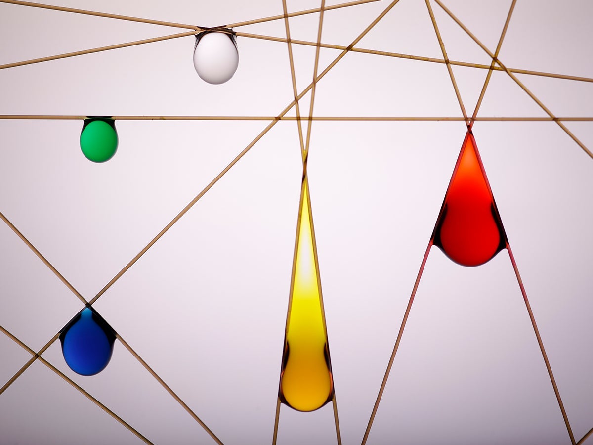 Zhao Pan and a collaborator captured this image of colourful droplets suspended from crossed fibres.