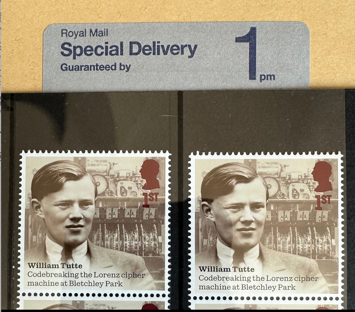 A banner featuring two Royal Mail stamps commemorating William Tutte.
