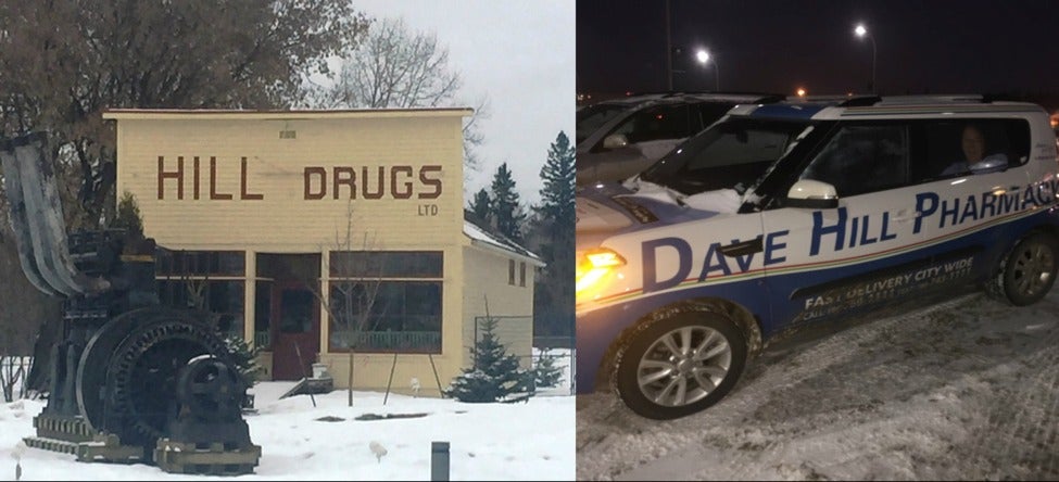 On the left, the historic Hill Drug building; on the right, pharmacy delivery vehicles.