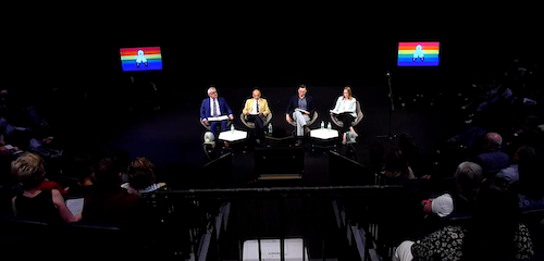 President Vivek Goel, Provost Jim Rush, moderator Michael Dorr, and Vice-President, Admin and Finance Jacinda Reitsma on stage at the community forum.