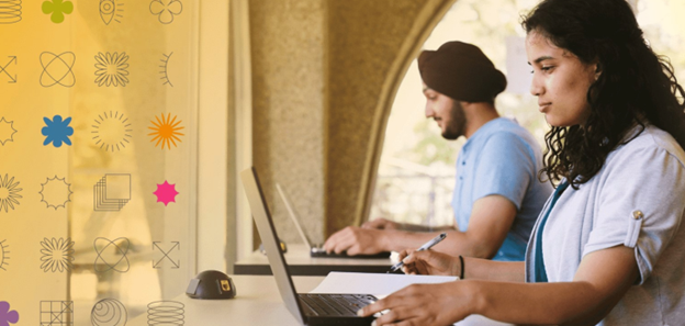 Two students sit at the windows in the Dana Porter library; the far left of the frame contains graphic images.