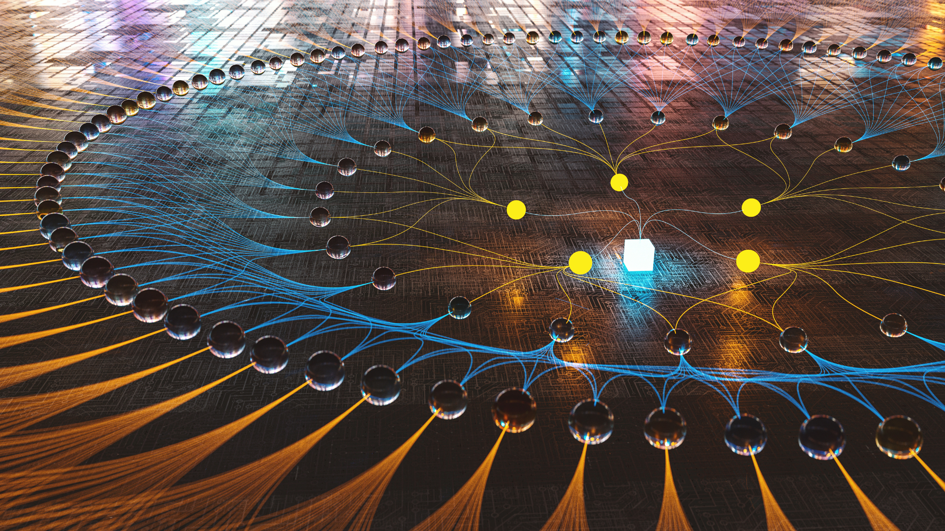 A circular design showing glowing nodes of networked information