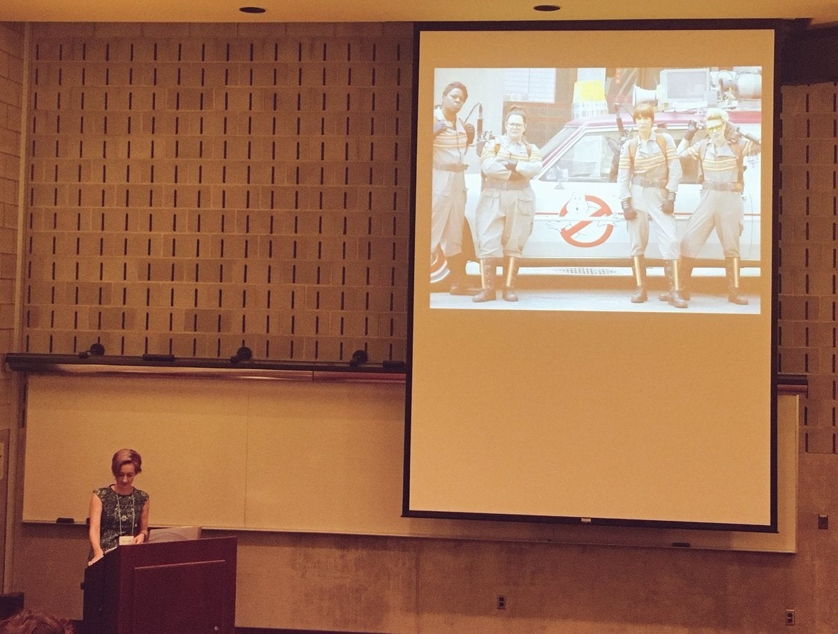 Professor Aimée Morrison's keynote address includes references to the recent Ghostbusters movie.