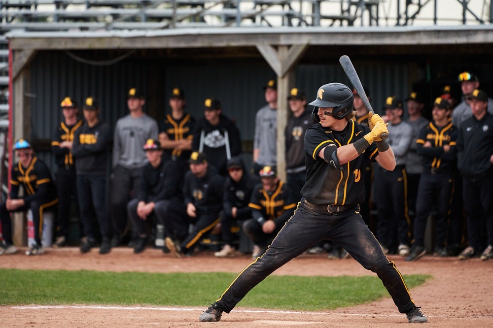 Evan Morrison at bat in the 2023 OUA semifinal