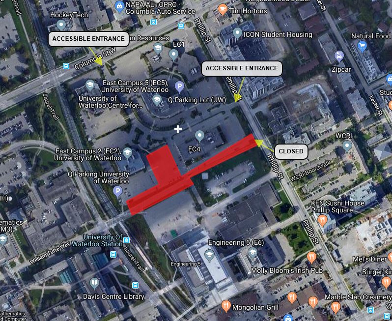 A campus map outlining the closed entrance on Phillip Street, and the two accessible entrances on Phillip and Columbia.