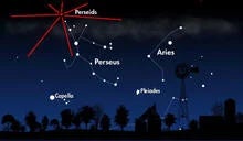 A map of the night sky showing the location of the Perseid meteor shower.