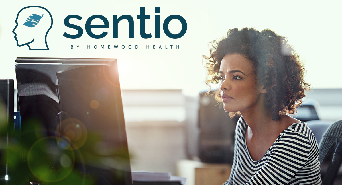 Sentio graphic including logo and a woman engaged with a computer screen.