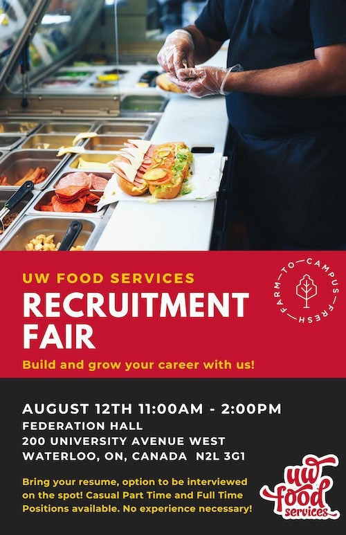 A recruitment poster for UW Food Services' Recruitment Fair showing a person making a sandwich.