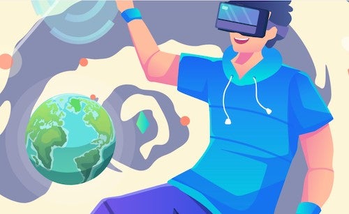 A cartoon illustration of a person wearing a VR mask orbiting the Earth.