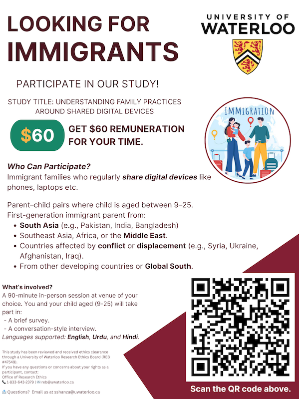 "Looking for immigrants" research study poster featuring QR code.