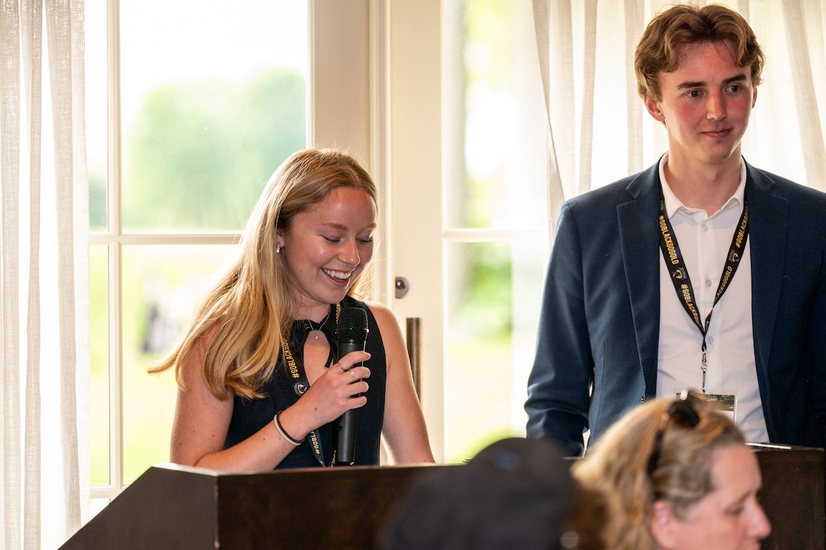 2024-2025 Warriors Female and Male Athletes of the Year Meagan Hobson (Field Hockey) and Matt Onuska (Men's Hockey) deliver the student-athletes' address.