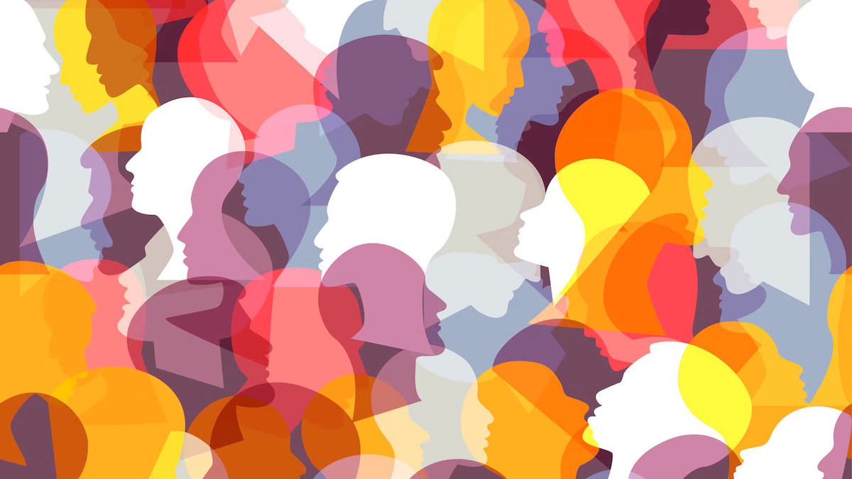 Multicoloured faces in profile.