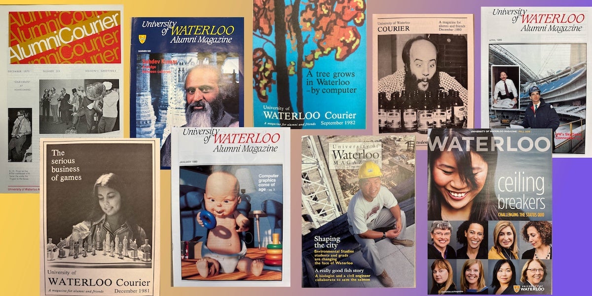 A collage of covers of various iterations of the alumni magazine over the years.