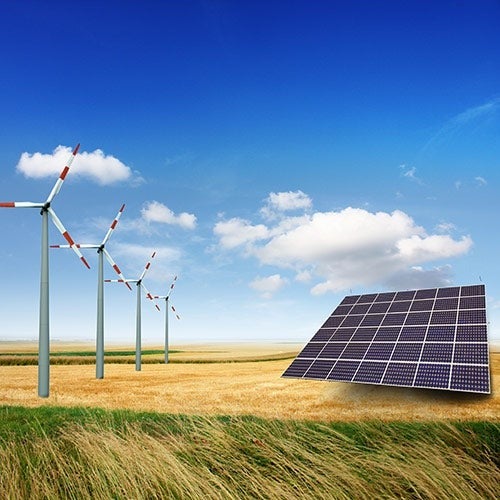 Wind turbines and a solar panel.