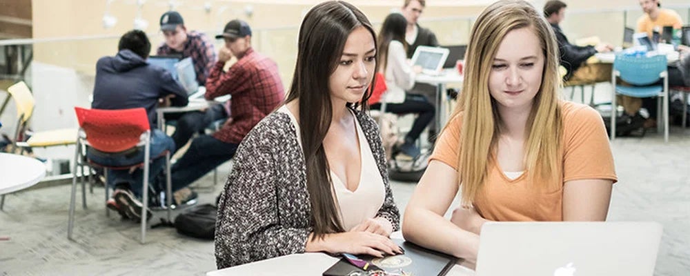 Two students look at a laptop.