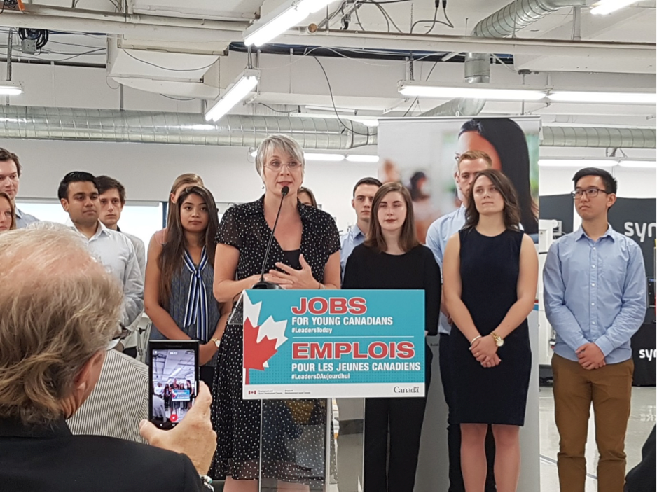 Surrounded by co-op students, the Honourable Patty Hajdu, Minister of Employment, Workforce Development and Labour makes funding announcement at Synaptive Medical during an event hosted by BioTalent Canada.